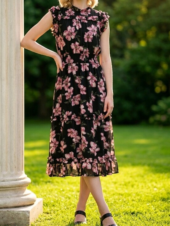CeCe Dresses & Skirts - CeCe Black Midi Dress with Pink Floral Print